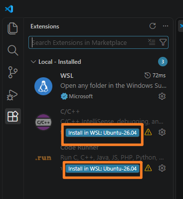 扩展面板中出现的 Install in WSL 按钮