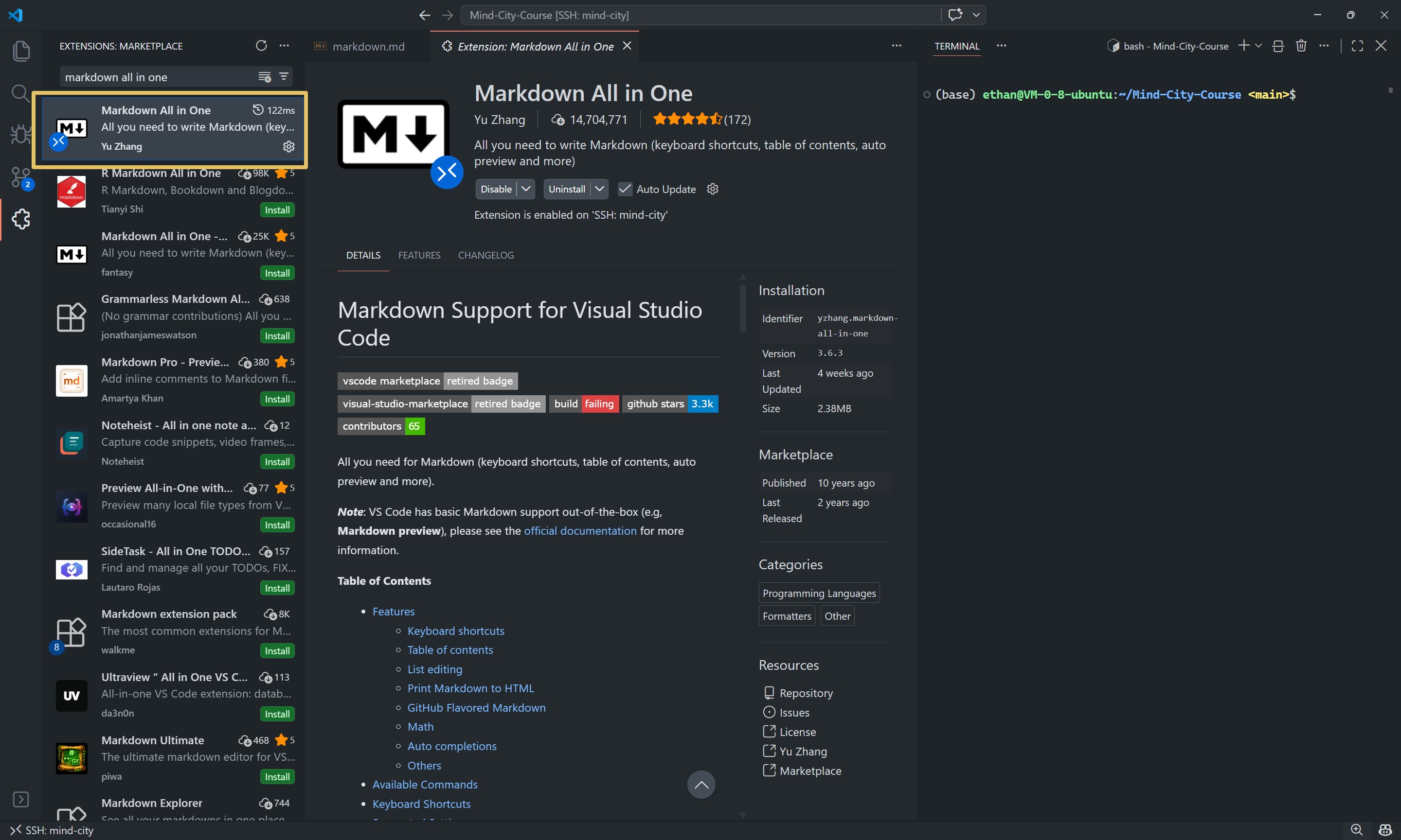 扩展面板里搜索 markdown all in one，结果第一条已安装