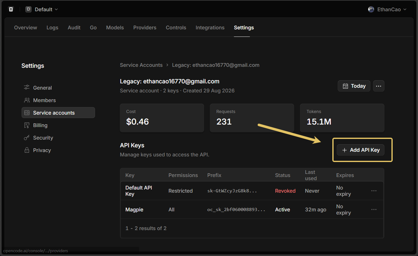 Service account 详情页里的 Add API Key 按钮